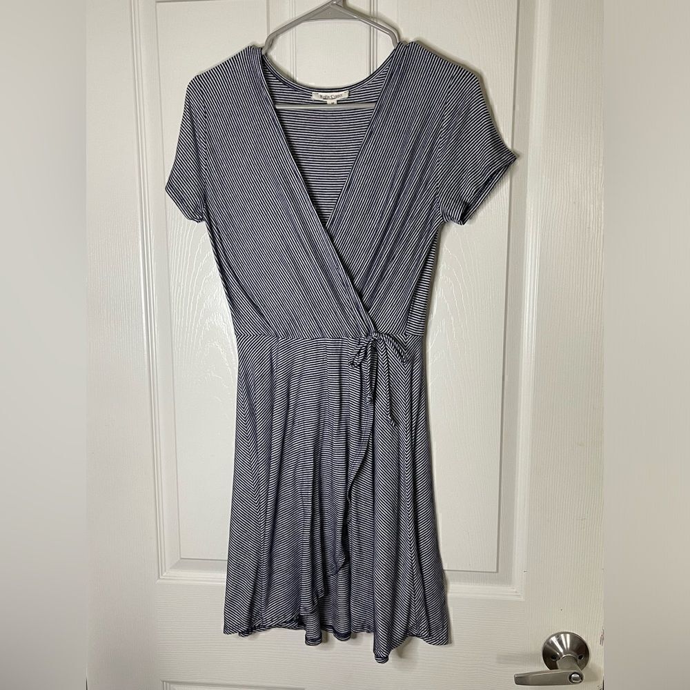 Blue and white striped faux wrap dress size M